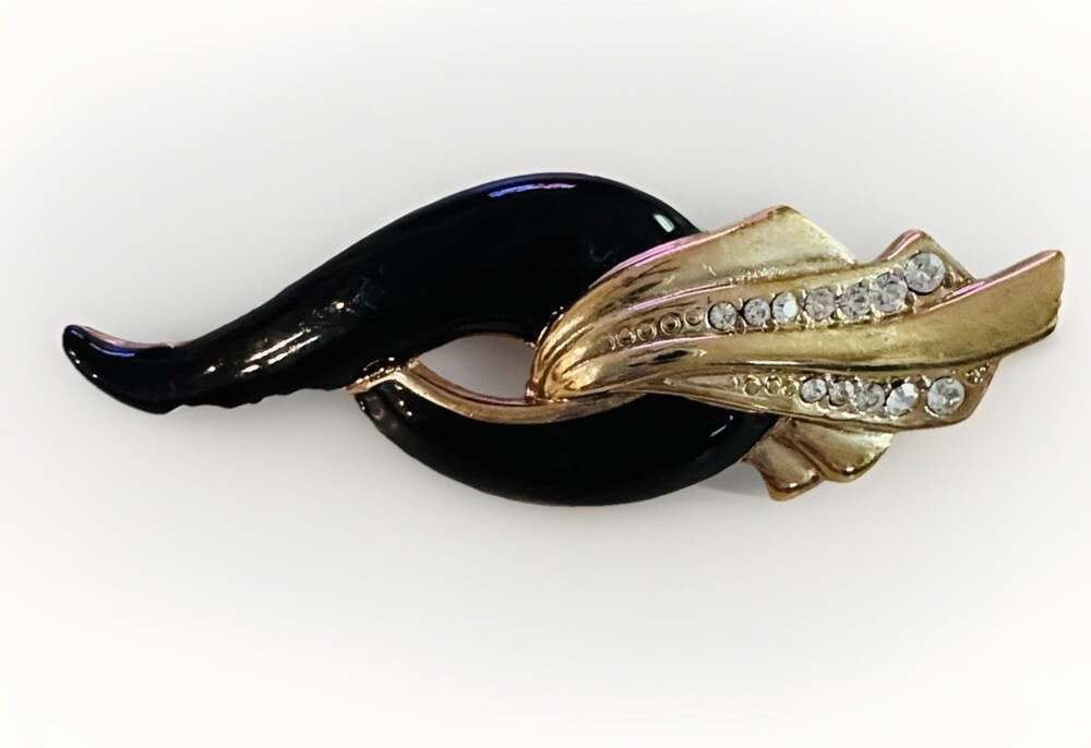 Vintage Black Enamel Swirl Brooch Pin Gold Tone Rhinestone